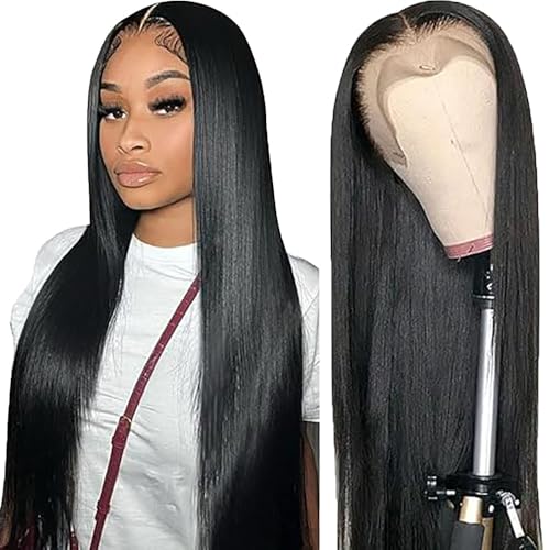 AiPliantfis Straight Human Hair Wig Natural Black Echthaar Perücke Damen 13X6 Lace Glueless Wig Wear and Go Pre Plucked 150% Density Unprocessed Brazilian Remy Hair 12 Zoll von AiPliantfis