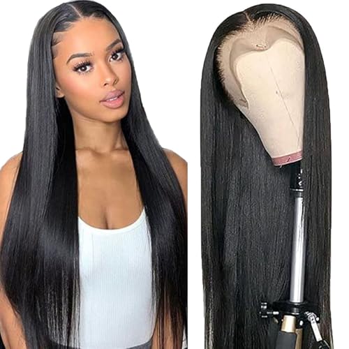 AiPliantfis Straight Human Hair Wig Natural Black Echthaar Perücke Damen 13X6 Lace Glueless Wig Wear and Go Pre Plucked 150% Density Unprocessed Brazilian Remy Hair 16 Zoll von AiPliantfis