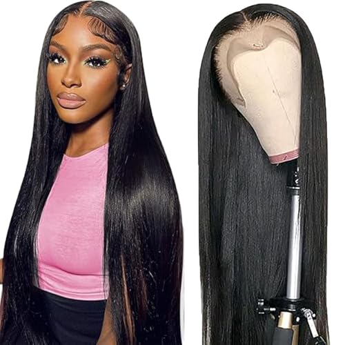 AiPliantfis Straight Human Hair Wig Natural Black Echthaar Perücke Damen 13X6 Lace Glueless Wig Wear and Go Pre Plucked 150% Density Unprocessed Brazilian Remy Hair 22 Zoll von AiPliantfis