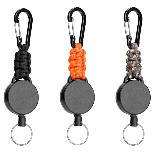 AiQInu 3 Stücke Schlüsselanhänger Ausziehbar, Schlüsselband Ausziehbar, Einziehbarer Schlüsselanhänger, Schlüsselkette Karabiner mit 60cm Stahldrahtseil (Schwarz+Camouflage+Orange) von AiQInu