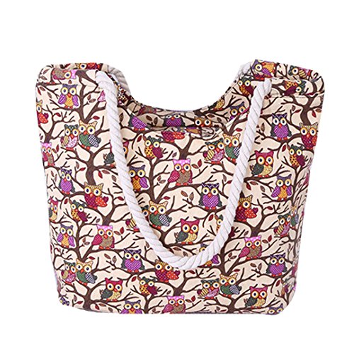 AiSi Canvas Strandtasche Schultertasche Umhängetasche Shopper Einkaufstasche, mit Reißverschluss, Eule Muster beige von AiSi