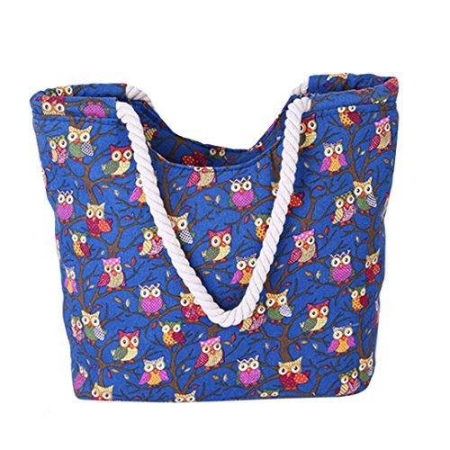 AiSi Canvas Strandtasche Schultertasche Umhängetasche Shopper Einkaufstasche, mit Reißverschluss, Eule Muster blau von AiSi