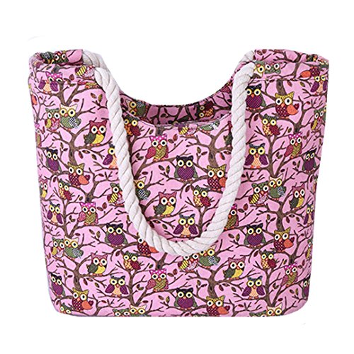 AiSi Canvas Strandtasche Schultertasche Umhängetasche Shopper Einkaufstasche, mit Reißverschluss, Eule Muster pink von AiSi