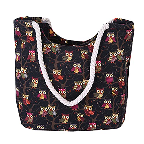 AiSi Canvas Strandtasche Schultertasche Umhängetasche Shopper Einkaufstasche, mit Reißverschluss, Eule Muster schwarz von AiSi