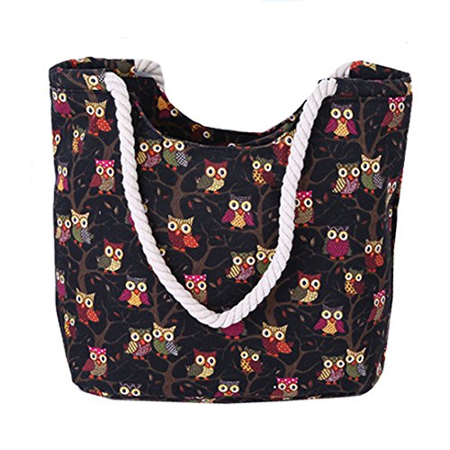 AiSi Canvas Strandtasche Schultertasche Umhängetasche Shopper Einkaufstasche, mit Reißverschluss, Eule Muster schwarz von AiSi