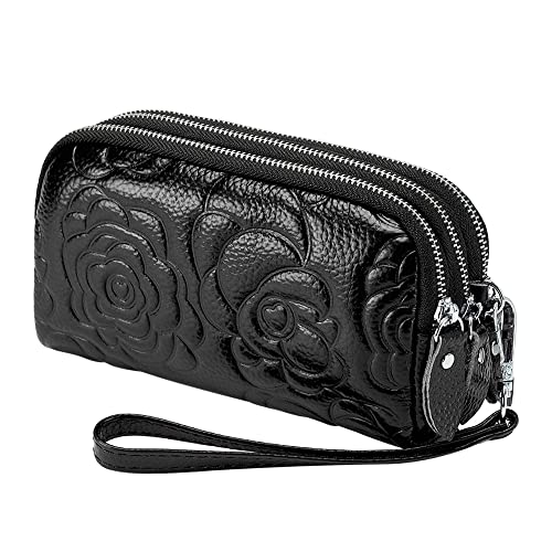AiSi Damen Geldbörsen Weiches Leder Reißverschluss Handgelenk Handtasche Geprägte Blumen Drei Fächer Clutch Geldbörse Große Kapazität Münzbörse, Schwarz , Einheitsgröße von Aisi