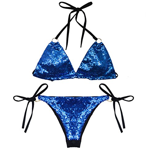 AiSi Damen sexy hot Glitzer Bikini-Set Badeanzug Bademode Bikinihose Bikinioberteile Neckholder Design mit Pailetten BLAU M von AiSi