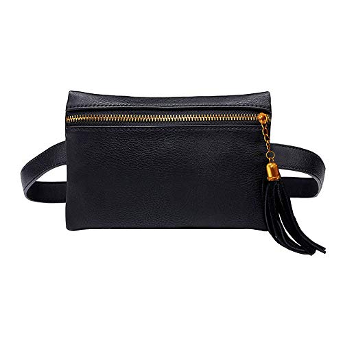 AiSi Kleine Modern Taillenbeutel Hüfttasche Bauchtasche mit Quaste verstellbaren abnehmbaren Riemen aus PU Kunstleder für Damen Schwarz von AiSi