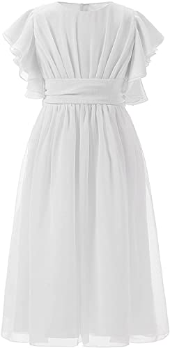 Aibaowedding Ausgefallene Chiffon-Blumenmädchenkleider Flatterärmel Junior-Brautjungfernkleid(Knielang in Weiß,12) von Aibaowedding