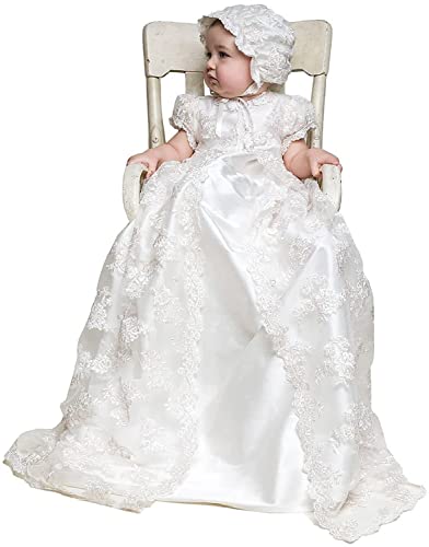 Aibaowedding Baby Mädchen Besticktes Spitzenkleid Taufkleid mit Hut im Set 3 teilig (0-24 Monate) Lang Newborn Festlich Kleid (Elfenbein, 9 Monate) von Aibaowedding