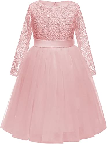 Aibaowedding Blumenmädchen Kleid Lange Ärmel Spitze Top Tüll Rock Mädchen Spitze Party Kleider, A-Pink, 6-7 Jahre von Aibaowedding