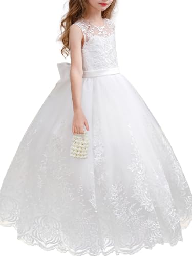 Aibaowedding Blumenmädchen Kleid Stickerei Tüll Spitze Mädchen-Festkleid Brautjungfer Geburtstag Party Kommunion Formal Bogen Prinzessinnenkleid (Weiß, 12-13Y) von Aibaowedding
