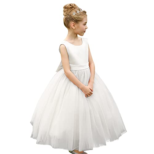 Aibaowedding Blumenmädchenkleid Satin Tüll Prinzessin Festzug Blume Mädchen Kleid Für Hochzeit Kinder Prom Ballkleider Mit Bow-Knoten (Weiß, 8-9 Jahre) von Aibaowedding