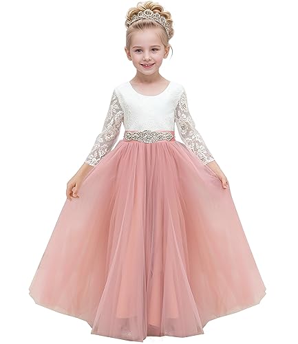 Aibaowedding Blumenmädchenkleid Spitze V-Rücken Tutu Tüll Prinzessin Partykleid mit Schärpe Erstkommunion Elegantes Langes Kleid Ballkleid(Rosa,10-11Y) von Aibaowedding