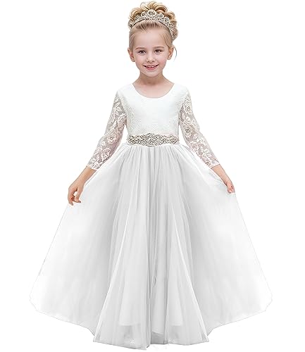 Aibaowedding Blumenmädchenkleid Spitze V-Rücken Tutu Tüll Prinzessin Partykleid mit Schärpe Erstkommunion Elegantes Langes Kleid Ballkleid(Weiß,12-13Y) von Aibaowedding