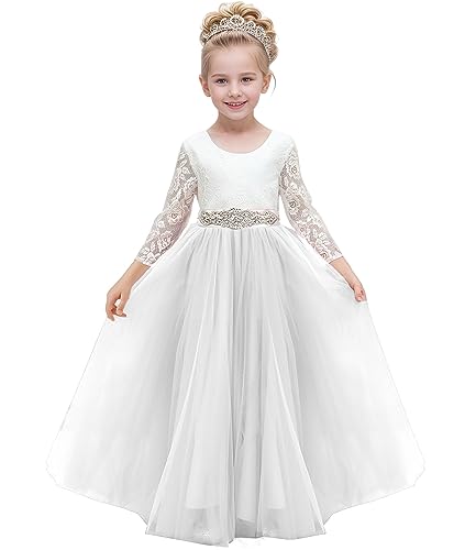 Aibaowedding Blumenmädchenkleid Spitze V-Rücken Tutu Tüll Prinzessin Partykleid mit Schärpe Erstkommunion Elegantes Langes Kleid Ballkleid(Weiß,2-3Y) von Aibaowedding
