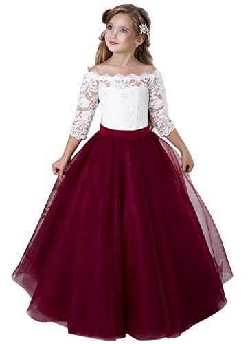 Aibaowedding Blumensmädchenkleid Prinzessin Mädchen Festzug Ballkleider Kinder Spitze Tüll Cocktailkleid Elegant Langes Abendkleid Kommunionskleid … (Weinrot, 12-13Y) von Aibaowedding