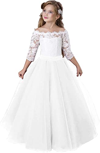 Aibaowedding Blumensmädchenkleid Prinzessin Mädchen Festzug Ballkleider Kinder Spitze Tüll Cocktailkleid Elegant Langes Abendkleid Kommunionskleid … (White, 2-3Y) von Aibaowedding