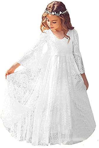 Aibaowedding Boho Lang Kinder Spitzenkleid mit Trompetenärmel und Gürtel/Chic A-Linie Kommunionkleider Brautjungfern Kleider Blumenmädchenkleider für Mädchen(Weiß,12-13Y) von Aibaowedding