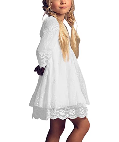 Aibaowedding Boho Trompetenärmel Kurze Kinder Spitzenkleid/Chic A-Linie Kommunionkleider Brautjungfern Kleider Blumenmädchenkleider für Mädchen 2-12 Jahr (Weiß,10) von Aibaowedding