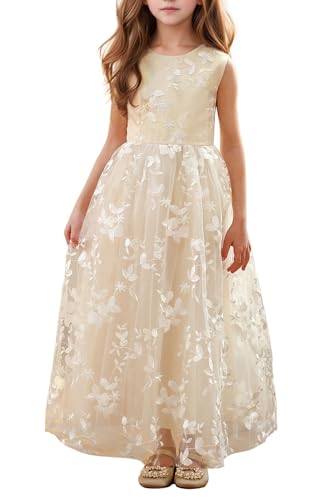 Aibaowedding Chic Lange Kinder Kommunionkleid Sommerkleider aus Besticktem Tüll mit Satin Gürtel/Boho A-Linie Brautjungfern Kleider Blumenmädchenkleider für Mädchen(Champagne,10) von Aibaowedding