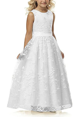 Aibaowedding Chic Lange Kinder Kommunionkleid Sommerkleider aus Besticktem Tüll mit Satin Gürtel/Boho A-Linie Brautjungfern Kleider Blumenmädchenkleider für Mädchen(Weiß,10) von Aibaowedding