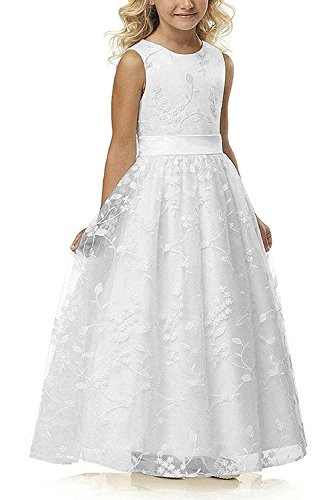 Aibaowedding Chic Lange Kinder Kommunionkleid Sommerkleider aus Besticktem Tüll mit Satin Gürtel/Boho A-Linie Brautjungfern Kleider Blumenmädchenkleider für Mädchen 2-12 Jahr (Weiß,6) von Aibaowedding