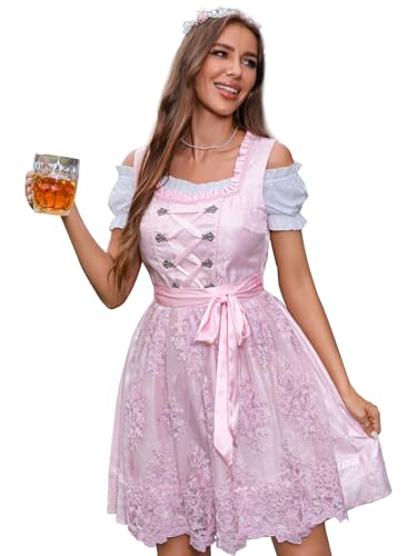 Aibaowedding Dirndl Damen Midi Trachtenkleid mit Spitze inkl. Trachtenrock Dirndlbluse Dirndlschürze 3 teilig für Oktoberfest Rosa (L,Rosa) von Aibaowedding