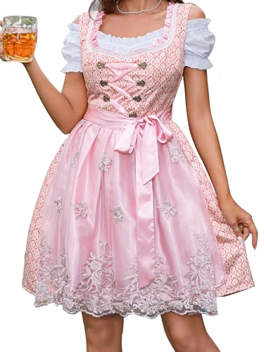 Aibaowedding Dirndl Damen Midi Trachtenkleid mit Spitze inkl. Trachtenrock Dirndlbluse Dirndlschürze 3 teilig für Oktoberfest Rosa (S,Rosa 1) von Aibaowedding
