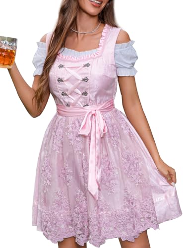 Aibaowedding Dirndl Damen Midi Trachtenkleid mit Spitze inkl. Trachtenrock Dirndlbluse Dirndlschürze 3 teilig für Oktoberfest Rosa (XL,Rosa) von Aibaowedding
