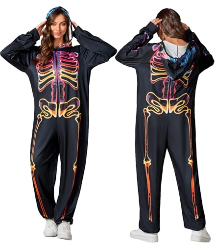 Aibaowedding Halloween Skeleton Unisex Onesie Pyjamas for Adults Skelett Jumpsuit Pyjamas Costume Cosplay Kostüm mit Kapuze Schwarz (M, Schwarz-Neon) von Aibaowedding