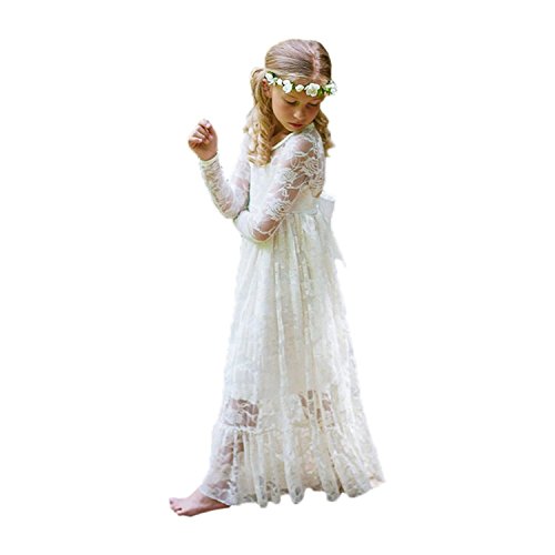 Aibaowedding Kinder Boho Spitzenkleid Prinzessinnenkleid mit Binde Gürtel Mädchen Chic A-Linie Lang Blumenmädchenkleider Brautjungfernkleid(Elfenbein,6) von Aibaowedding