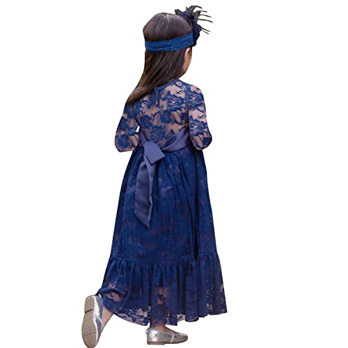 Aibaowedding Kinder Boho Spitzenkleid Prinzessinnenkleid mit Binde Gürtel Mädchen Chic A-Linie Lang Blumenmädchenkleider Brautjungfernkleid(Navy blau,4) von Aibaowedding