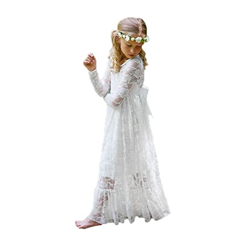 Aibaowedding Kinder Boho Spitzenkleid Prinzessinnenkleid mit Binde Gürtel Mädchen Chic A-Linie Lang Blumenmädchenkleider Brautjungfernkleid(Weiß,10) von Aibaowedding