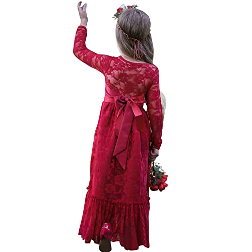 Aibaowedding Kinder Boho Spitzenkleid Prinzessinnenkleid mit Binde Gürtel Mädchen Chic A-Linie Lang Blumenmädchenkleider Brautjungfernkleid (Weinrot,10) von Aibaowedding