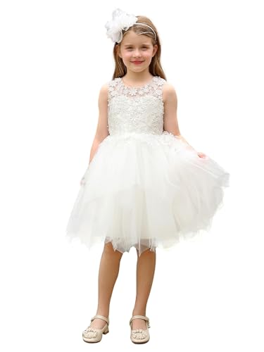 Aibaowedding Mädchen Festkleid Mit Blumenstickerei 3D-Applikationen Elegantes Prinzessinnen Kostüm Für Blumenmädchen Ballkleid Brautjungfer Kleider (Weiß,6-7 Jahre) von Aibaowedding