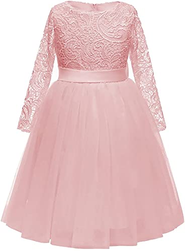 Aibaowedding Mädchen Prinzessinnenkleid Langarm Spitzenkleid Tüllrock Blumenmädchenkleider Geburtstag Party Brautjungfernkleid 2-12 Jahre(Rosa,10-11Y) von Aibaowedding