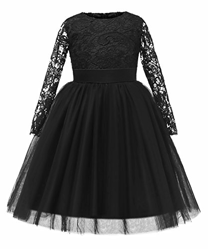 Aibaowedding Mädchen Prinzessinnenkleid Langarm Spitzenkleid Tüllrock Blumenmädchenkleider Geburtstag Party Brautjungfernkleid 2-12 Jahre(Schwarz,12-13Y) von Aibaowedding