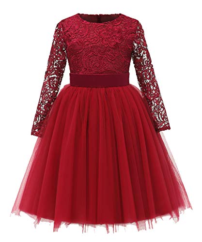 Aibaowedding Mädchen Prinzessinnenkleid Langarm Spitzenkleid Tüllrock Blumenmädchenkleider Geburtstag Party Brautjungfernkleid 2-12 Jahre(Weinrot,2-3Y) von Aibaowedding