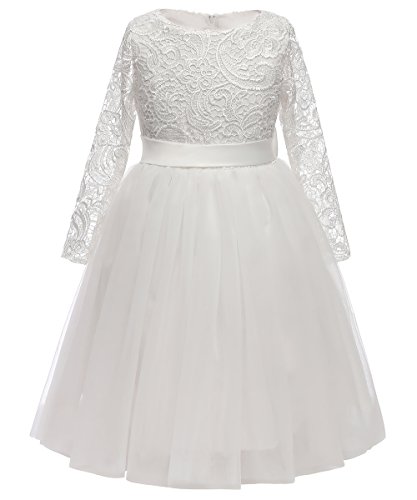 Aibaowedding Mädchen Prinzessinnenkleid Langarm Spitzenkleid Tüllrock Blumenmädchenkleider Geburtstag Party Brautjungfernkleid 2-12 Jahre(Weiß,4-5Y) von Aibaowedding