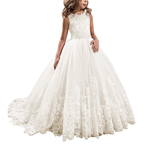 Aibaowedding Prinzessin Lange Mädchen Festzug Kleider Kinder Blumenmädchenkleider Prom Puffy Tulle Ballkleid(Elfenbein,10-11 Jahre) von Aibaowedding