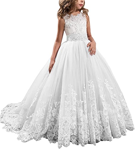 Aibaowedding Prinzessin Lange Mädchen Festzug Kleider Kinder Blumenmädchenkleider Prom Puffy Tulle Ballkleid(Weiß,8-9 Jahre) von Aibaowedding