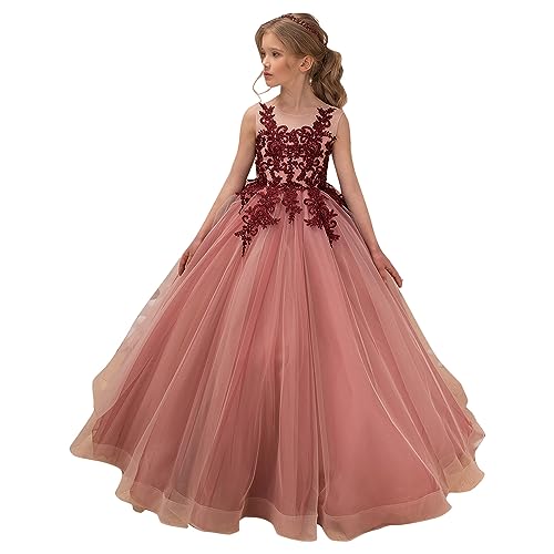 Aibaowedding Prinzessinnenballkleid Mit Stickereien Spitze Blumenmädchenkleid Brautjungfern Elegantes Abend Für Feierlichkeiten Festkleid (Weinrot, 6-7Y) von Aibaowedding