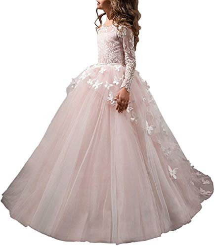 Aibaowedding Schöne Mädchen Langarm Bestickte Festzug Ballkleid Kinder Geburtstagsfeier Prinzessin Kleid(Rosa,4-5Y) von Aibaowedding