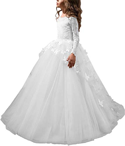 Aibaowedding Schöne Mädchen Langarm Bestickte Festzug Ballkleid Kinder Geburtstagsfeier Prinzessin Kleid(Weiß,8-9Y) von Aibaowedding