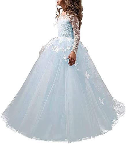 Aibaowedding Schöne Mädchen Langarm Bestickte Festzug Ballkleid Kinder Geburtstagsfeier Prinzessin Kleid(hellblau,2-3Y) von Aibaowedding