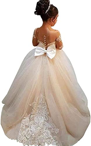 Aibaowedding Spitze Stickerei Mädchen Brautjungfer Kleid Langarm Ärmel Kinder Geburtstagsfeier Ballkleider(Champagne,Size 2) von Aibaowedding