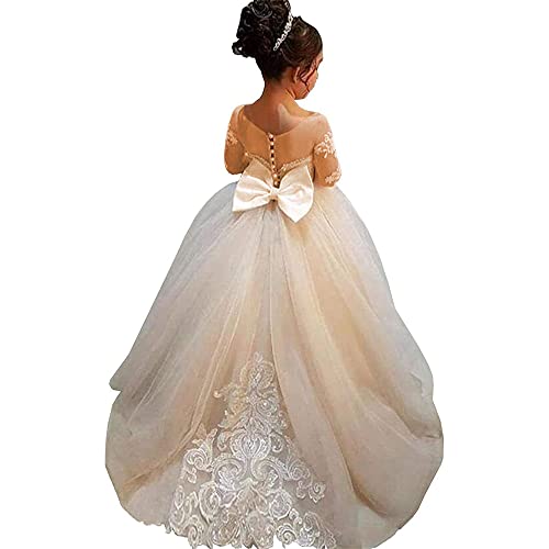 Aibaowedding Spitze Stickerei Mädchen Brautjungfer Kleid Langarm Ärmel Kinder Geburtstagsfeier Ballkleider(Champagne,Size 4) von Aibaowedding