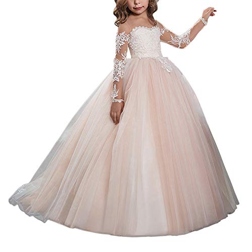 Aibaowedding Spitze Stickerei Mädchen Brautjungfer Kleid Langarm Ärmel Kinder Geburtstagsfeier Ballkleider (10, Rosa) von Aibaowedding