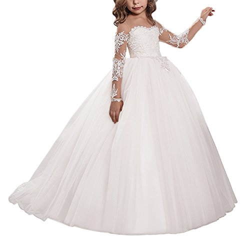 Aibaowedding Spitze Stickerei Mädchen Brautjungfer Kleid Langarm Ärmel Kinder Geburtstagsfeier Ballkleider (10, Weiß) von Aibaowedding